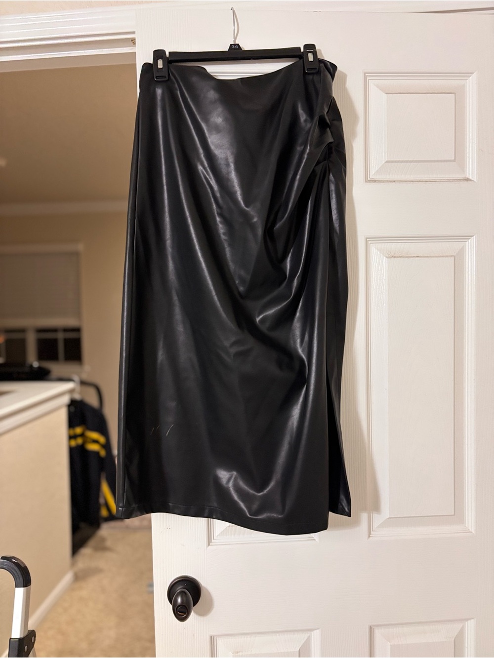 Commense Black Faux Leather Midi Skirt with Side Draping